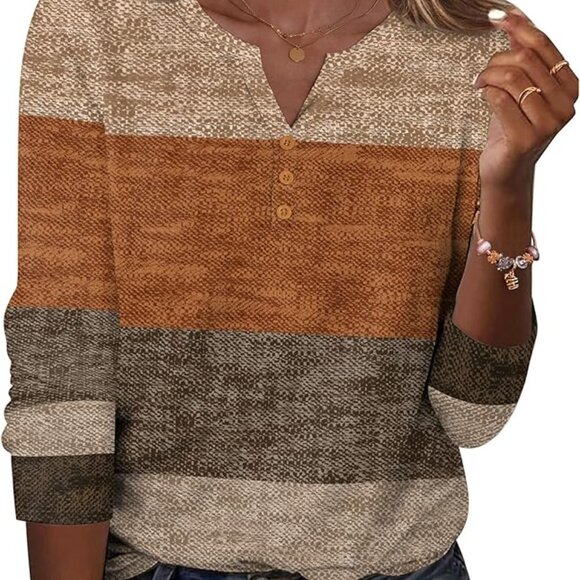 Zeagoo Geometric Print Henley Top Neutral Brown Beige Long Sleeve Size L NWT - Picture 6 of 6